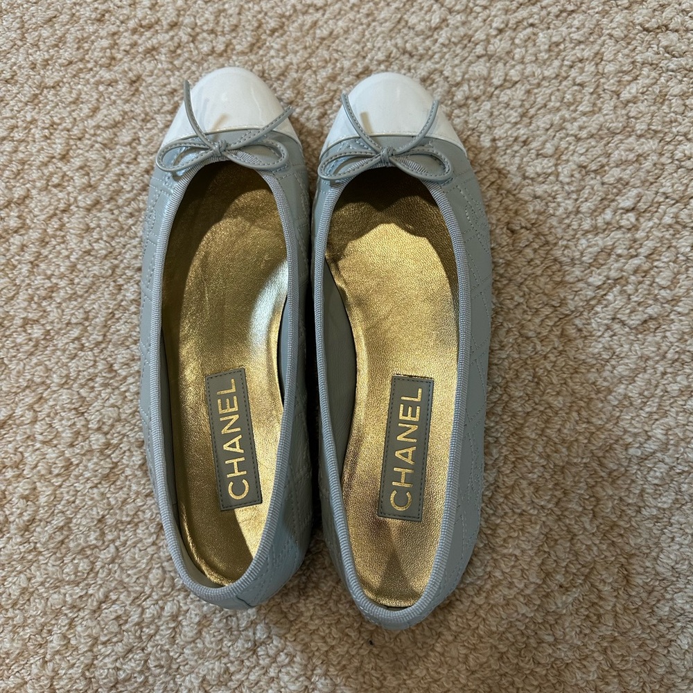 Chanel Gray and White Classic Loafers